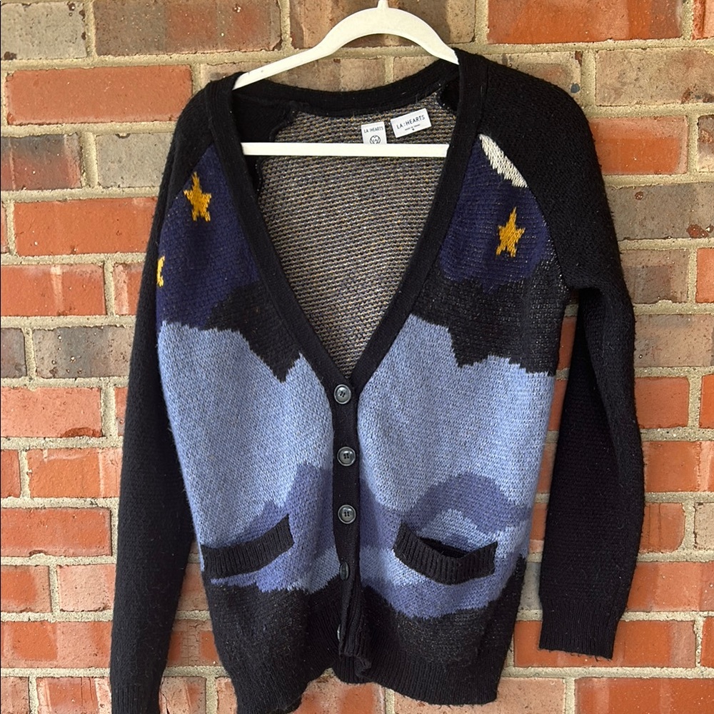 Blue Fuzzy Cardigan with Wolf & Star Design